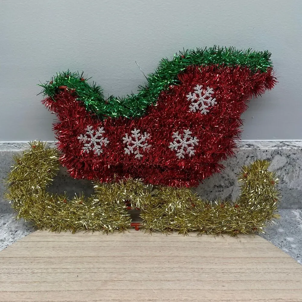 Vintage Tinsel Garland Wrapped Sleigh Frame w/ Snowflakes Christmas Decoration